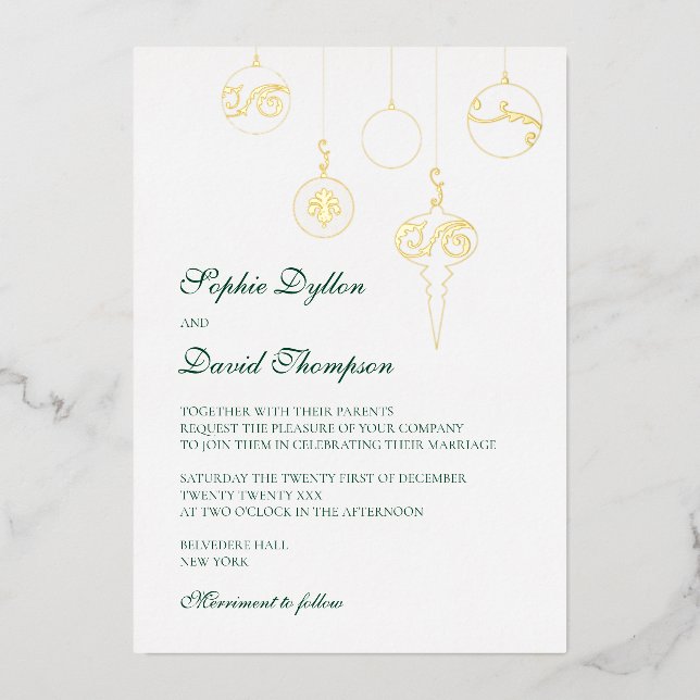 Invitation En Aluminium Hiver Vert Noël Ornements Mariage Or (Recto)