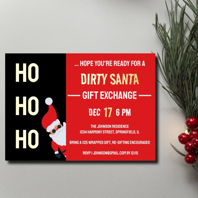 Invitation En Aluminium HO HO HO Dirty Père Noël Christmas Party Noir et r (HO HO HO Dirty Santa Christmas Party Black and Red Foil Invitation )