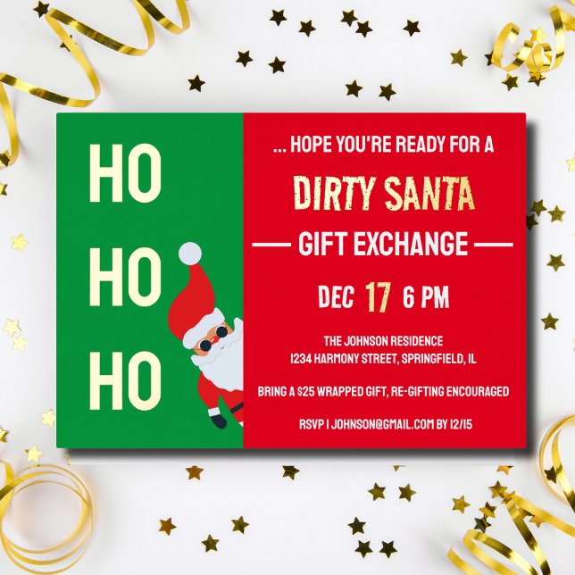 Invitation En Aluminium HO HO HO Dirty Père Noël échange de cadeaux Noël (HO HO HO Dirty Santa Gift Exchange Christmas Party Foil Invitation)