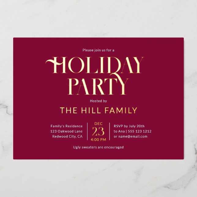 Invitation En Aluminium Holiday Party Elegant Red (Recto)
