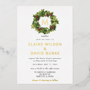 Invitation En Aluminium Holly Berries Wreath Monogramme Mariage hivernal