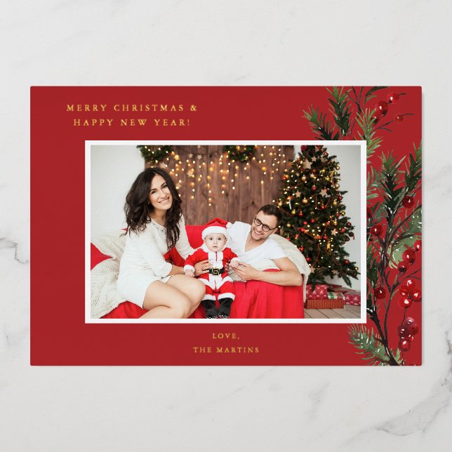 Invitation En Aluminium Holly Berry H Photo Holiday ou Noël - Rouge (Recto)