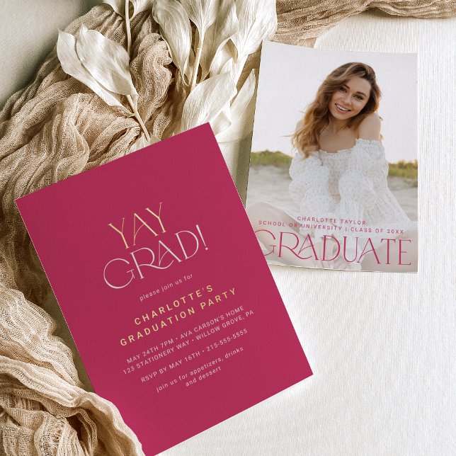 Invitation En Aluminium Huile de pieds moderne | Pink Yay Grad Photo Gradu (Créateur téléchargé)