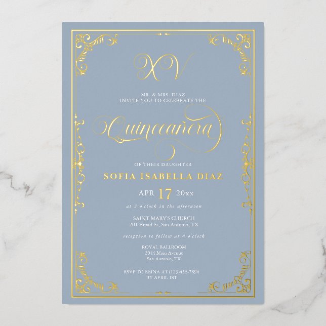 Invitation En Aluminium Huile d'or Dusty Blue Quinceañera (Recto)