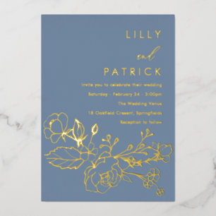 Invitation En Aluminium Huile d'or Floral Dusty Bleu Mariage Golden Foil I