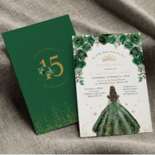 Invitation En Aluminium Huile d'or Quinceañera Emerald Green Floral