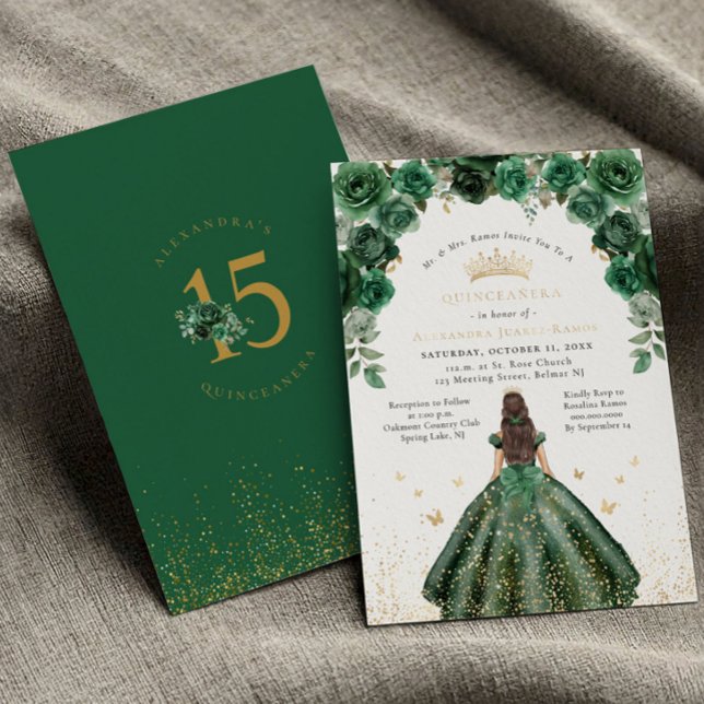 Invitation En Aluminium Huile d'or Quinceañera Emerald Green Floral (Créateur téléchargé)