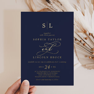 Invitation En Aluminium Huile d'or romantique   Mariage de monogramme bleu