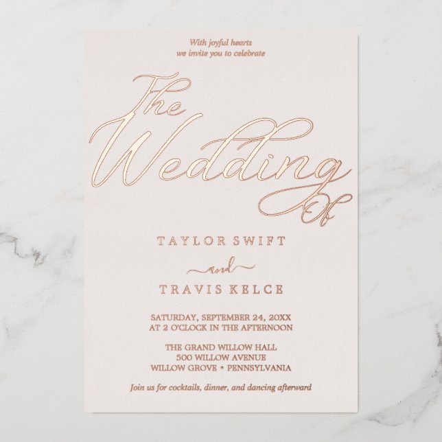 Invitation En Aluminium Huile d'or Rose romantique | Mariage tout-en-un (Recto)