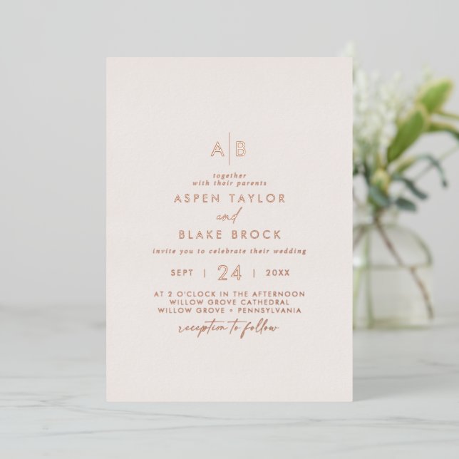 Invitation En Aluminium Huile Rose moderne | Mariage de monogramme (Debout devant)