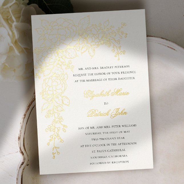 Invitation En Aluminium Hydrangea Luminous Ecru Formal Classic Wedding (hydrangea wedding invitation formal traditional modern classic art sketch parents host gold foil)