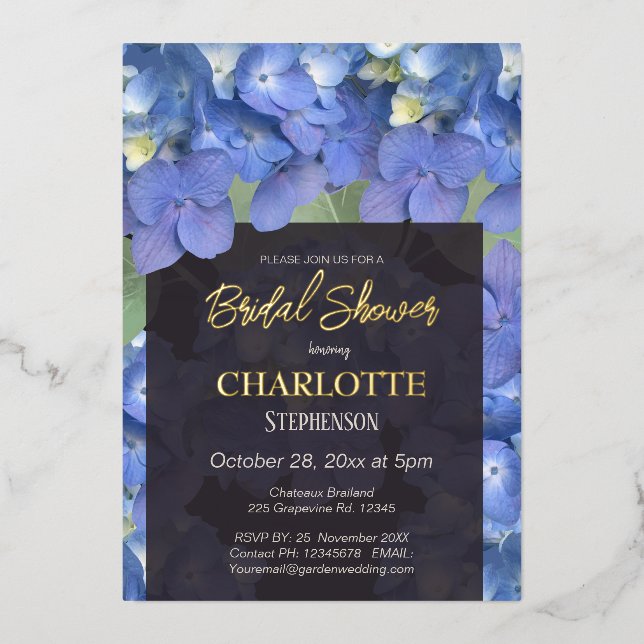 Invitation En Aluminium Hydrangeas Bleus Fête de Mariage Florale (Recto)