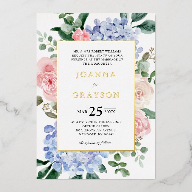 Invitation En Aluminium Hydrangées bleues poussiéreuses roses pastel maria (Recto)