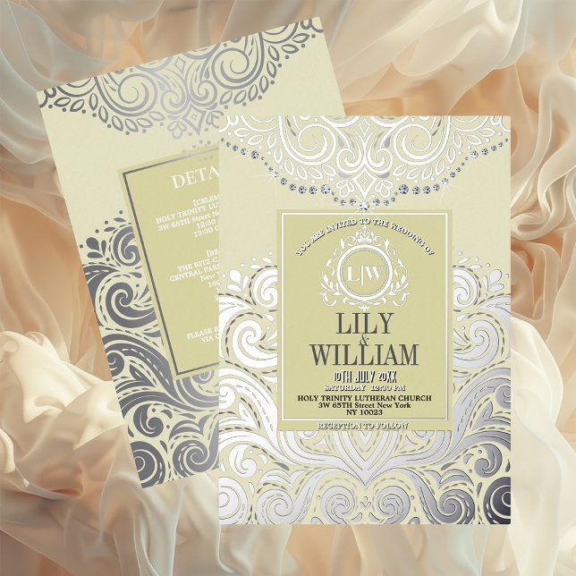 Invitation En Aluminium Iivoire Elegant Artdeco Diamond Mariage (Luxurious Elegant Classic Boho Wedding Invitation - Real Foil and Monogram)