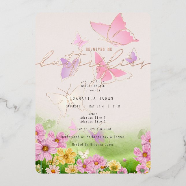 Invitation En Aluminium Il Me Donne Des Papillons Fleurs Sauvages Baby Sho (Recto)