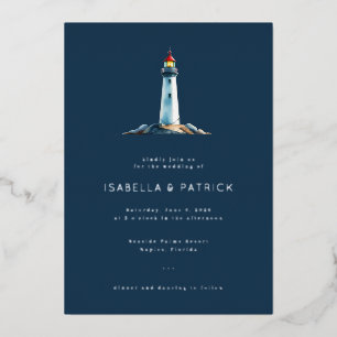 Invitation En Aluminium Illustration de phare Navy Sérénité