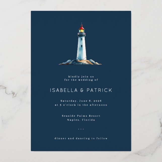 Invitation En Aluminium Illustration de phare Navy Sérénité (Recto)
