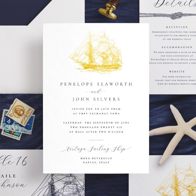 Invitation En Aluminium Illustration nautique de bateau Mariage formel (Elegant white formal wedding invitation with a gold foil illustration of a ship)