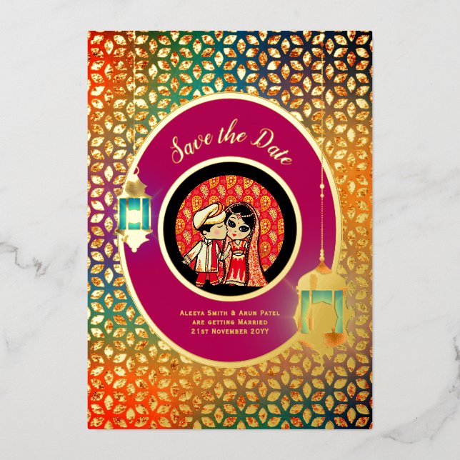 Invitation En Aluminium Indian Couple REAL GOLD FOIL mignonne Date de sauv (Recto)