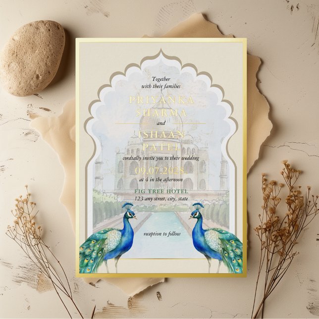 Invitation En Aluminium Indian Peacock Gold Taj Mahal Mariage esthétique (Indian Real Gold Foil Peacock Arch Punjabi Hindu Wedding Taj Mahal Unique Colorful Blue Teal Green)
