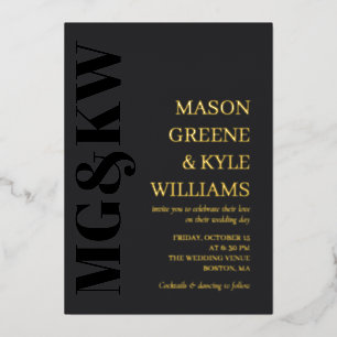 Invitation En Aluminium Initiales Charbon & Or Typographie 2 en 1 Mariage