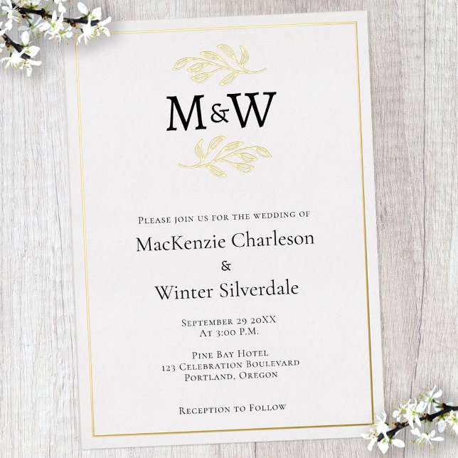Invitation En Aluminium Initiales de monogramme de couple de mariage minim (Modern gold foil wedding invitation with couple monogram initials and botanical leaf line art)