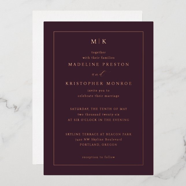 Invitation En Aluminium Initiales Marron Élégantes en Or (Recto/Verso)