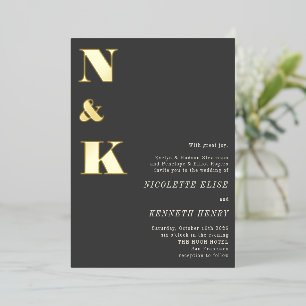 Invitation En Aluminium Initiales Monogramme Moderne Noir Gras Mariage Or