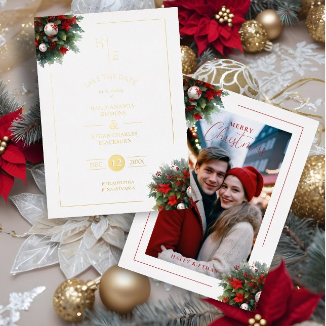 Invitation En Aluminium Initiales tendance Bouquets de Noël floraux Photo (Trendy Initials Floral Christmas Bouquets Metallic Foil Holidays Card as a Wedding Photo Save Date.)