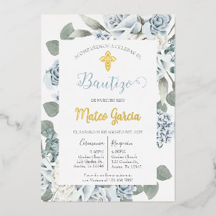 Invitation En Aluminium Invitación de bautismo floral azul en español