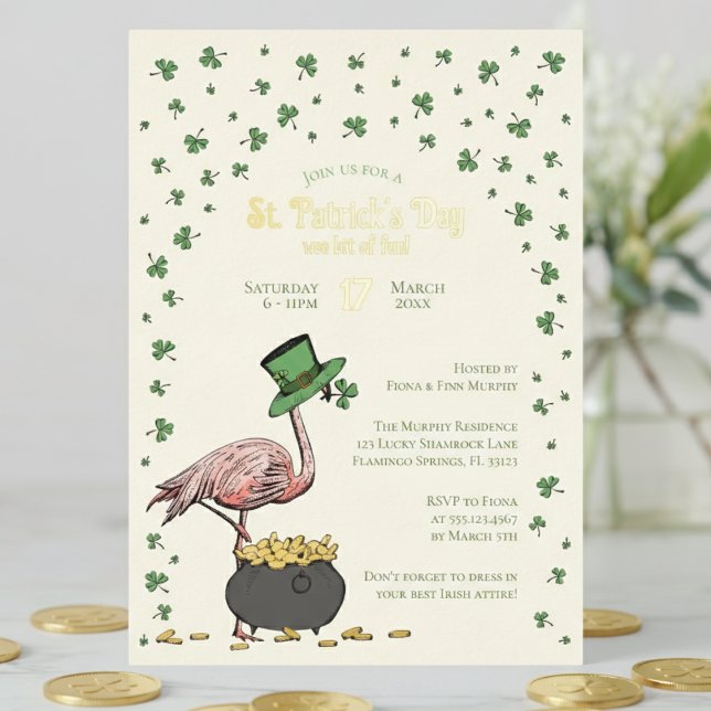 Invitation En Aluminium Irish Shamrock Flamingo St Patrick's Day Party (Elegant ivory Funny Irish Flamingo St Patrick's Day Party Invitations. Lucky Green Shamrock & Coins)