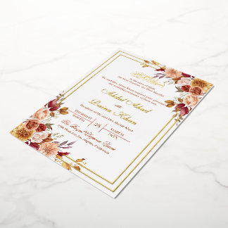 Invitation En Aluminium Islamic Botanical Burgundy Flowers Nikkah Gold