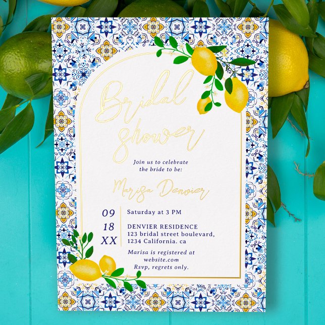 Invitation En Aluminium Italien carrelage bleu aquarelle citron nuptiale (Créateur téléchargé)