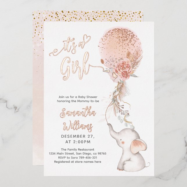 Invitation En Aluminium It's a Girl Simple Elephant & Balloon Baby Shower (Recto/Verso)