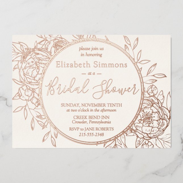 Invitation En Aluminium Ivoire & Rose Gold Moderne Peony Fête des mariées (Recto)