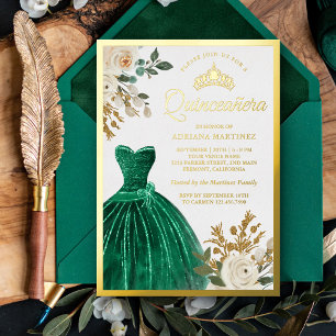 Invitation En Aluminium Ivory Floral Emerald Green Gown Quinceanera Gold