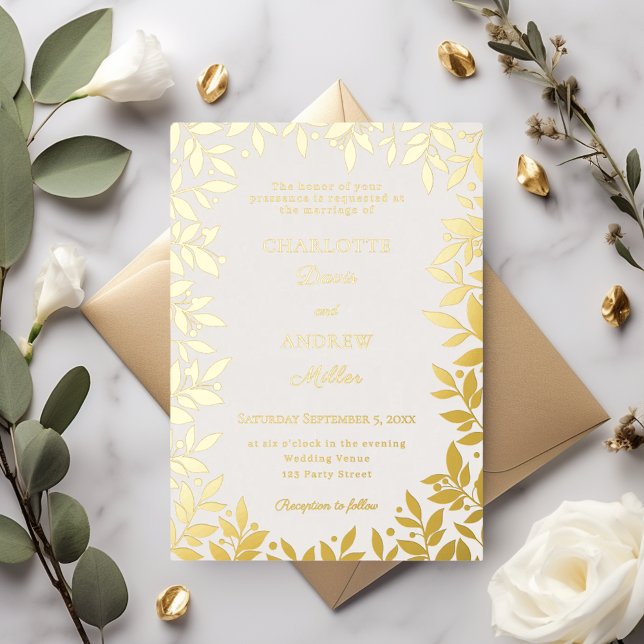 Invitation En Aluminium Ivory gold botanical leaves luxury wedding (Créateur téléchargé)