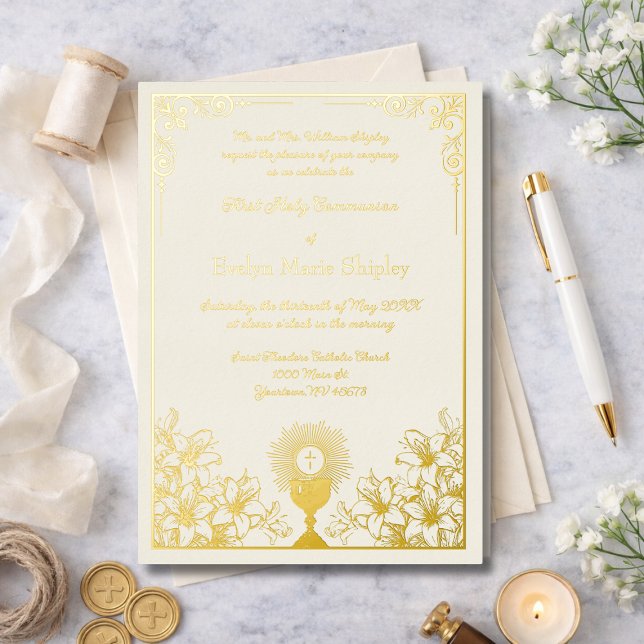 Invitation En Aluminium Ivory Gold Chalice and Host First Holy Communion (Créateur téléchargé)