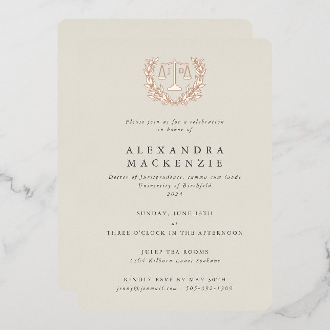 Invitation En Aluminium Ivory JD Law Scales+Laurel Wreath Graduation Party (Recto/Verso)