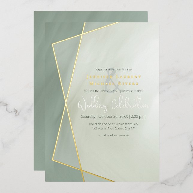 Invitation En Aluminium jade gris or cadre typographie or mariage (Recto/Verso)