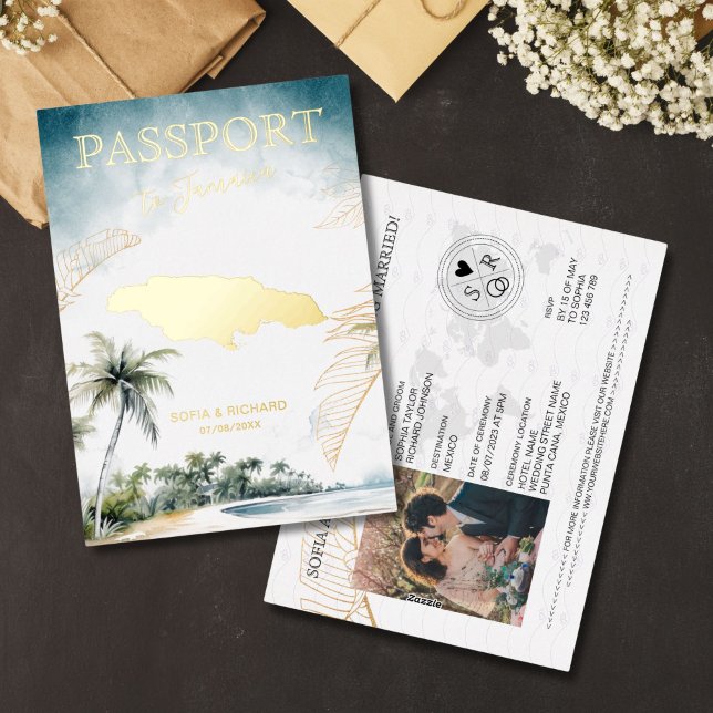 Invitation En Aluminium Jamaica Destination Wedding Passport Gold (gold foil Jamaica passport wedding invitation)