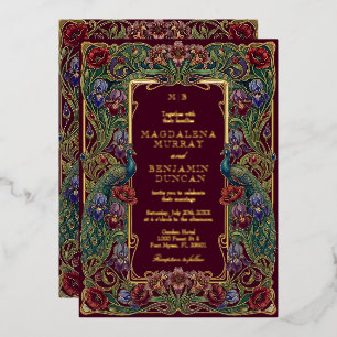 Invitation En Aluminium Jardin de fleurs de Bourgogne coloré avec des paon