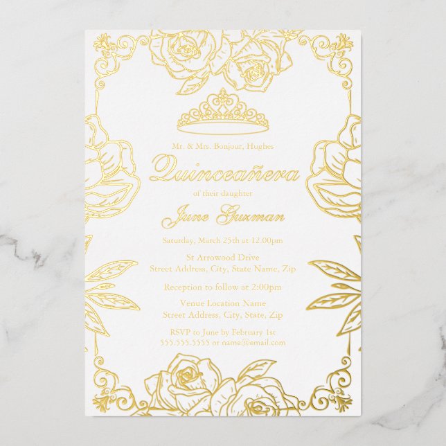 Invitation En Aluminium Jardin de Rose d'or blanc Quinceanera (Recto)
