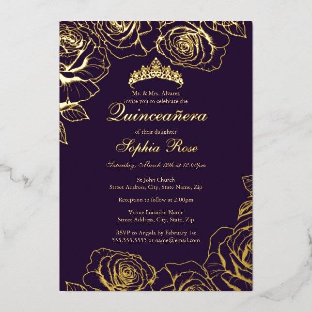 Invitation En Aluminium Jardin de Rose d'or pourpre Quinceanera (Recto)