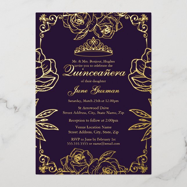 Invitation En Aluminium Jardin de Rose d'or pourpre Quinceanera (Recto)