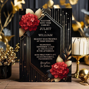 Invitation En Aluminium Jardin de roses diamant rouge noir et or mariage