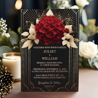 Invitation En Aluminium Jardin de roses diamant rouge noir et or mariage