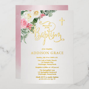Invitation En Aluminium Jardin de roses élégant - Baptême de fille - Or
