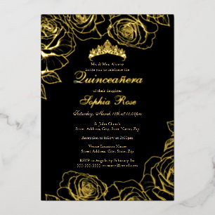 Invitation En Aluminium Jardin de roses en or noir pour Quinceanera