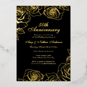Invitation En Aluminium Jardin de roses Or Noir 50e anniversaire de mariag